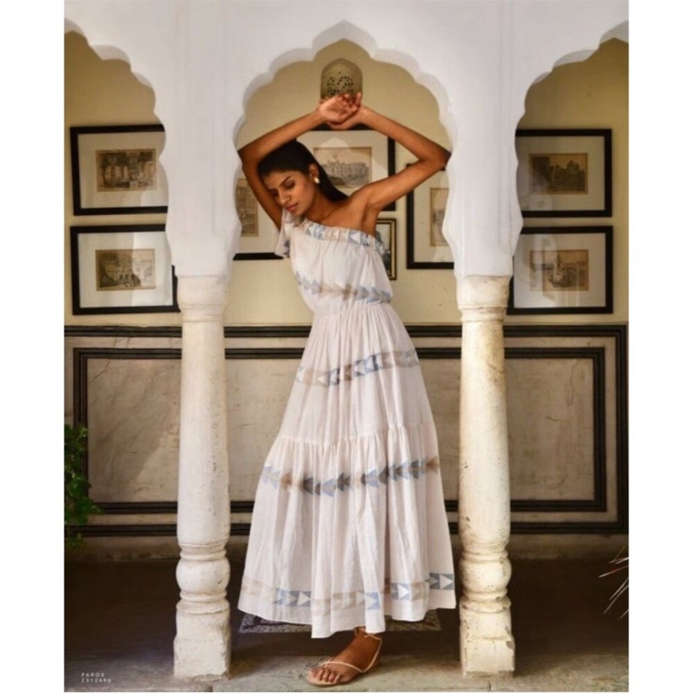 MIRTH Paros Grecian Jamdani One Shoulder Cotton Maxi Dress